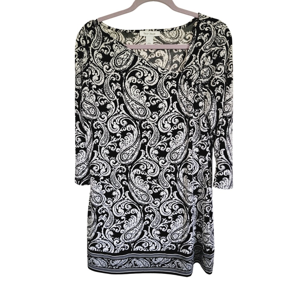 White House Black‎ Market L Women's Dress Paisley White Black Stretch NWOT